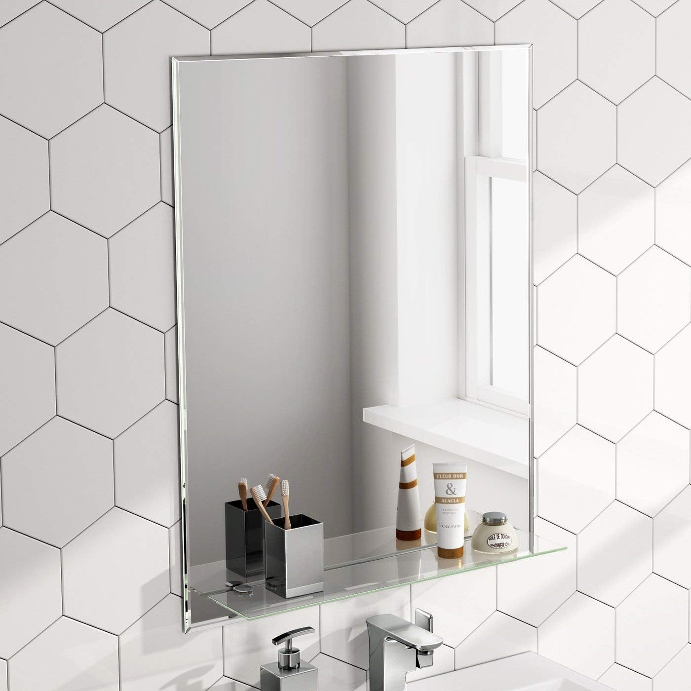 iBathUK Aria Wall Mounted Designer Bathroom Mirror with Glass Shelves, Modern Frameless Ractangular Mirror, Straight Edge, 800x600mm