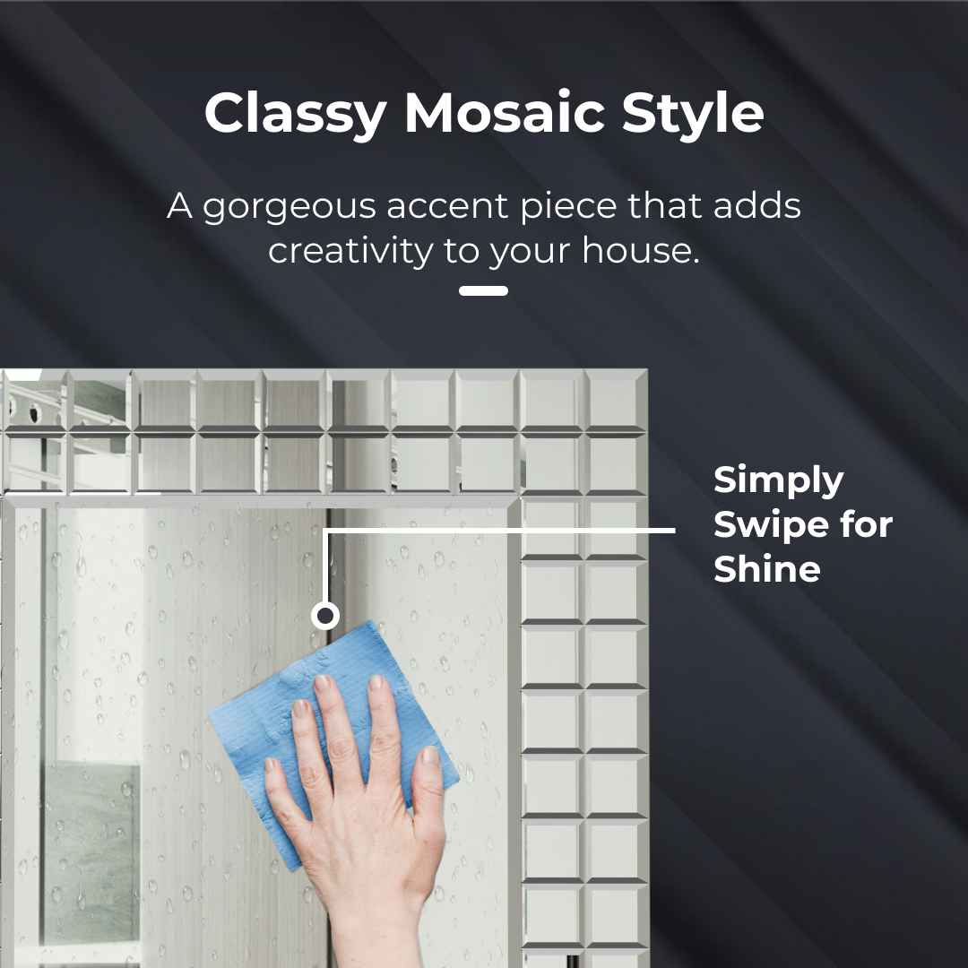 iBathUK Milan Wall Mounted Square Mosaic Designer Bathroom Mirror, Modern and Styslish Framless Bathroom Wall Mirror, 600x600mm