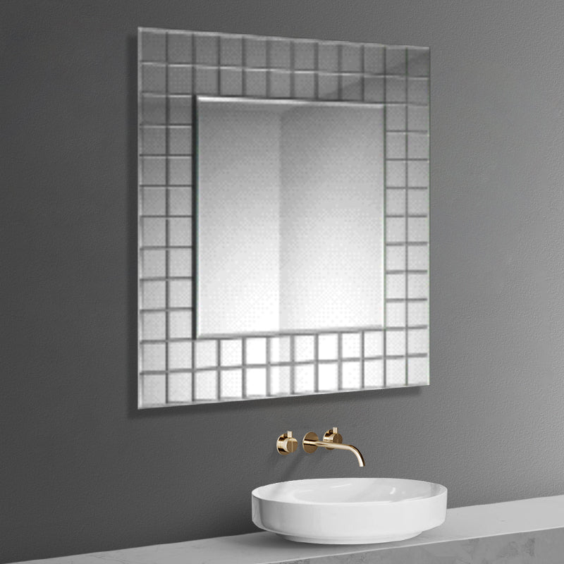 iBathUK Milan Wall Mounted Square Mosaic Designer Bathroom Mirror, Modern and Styslish Framless Bathroom Wall Mirror, 600x600mm