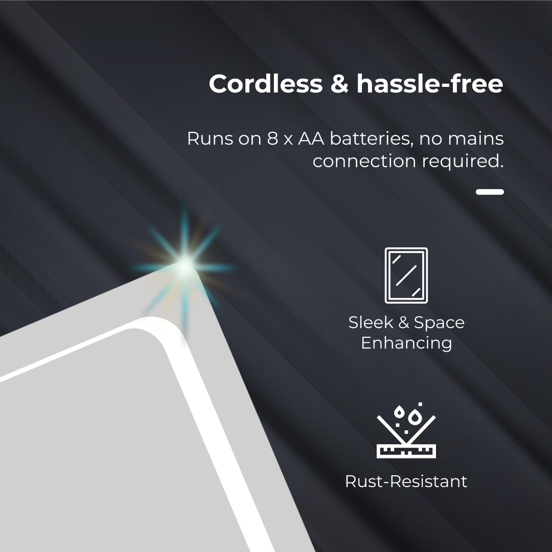 iBathUK Halo Illuminated LED Bathroom Mirror, Battery Powered Modern Wall Mirror, Soft Rectangle Shape with Round Edge, 500x700mm