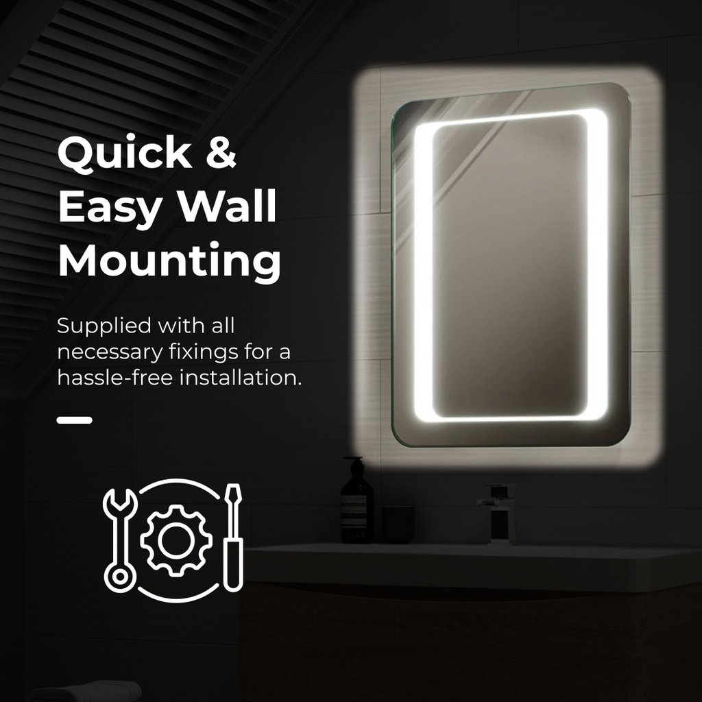 iBathUK Halo Illuminated LED Bathroom Mirror, Battery Powered Modern Wall Mirror, Soft Rectangle Shape with Round Edge, 500x700mm