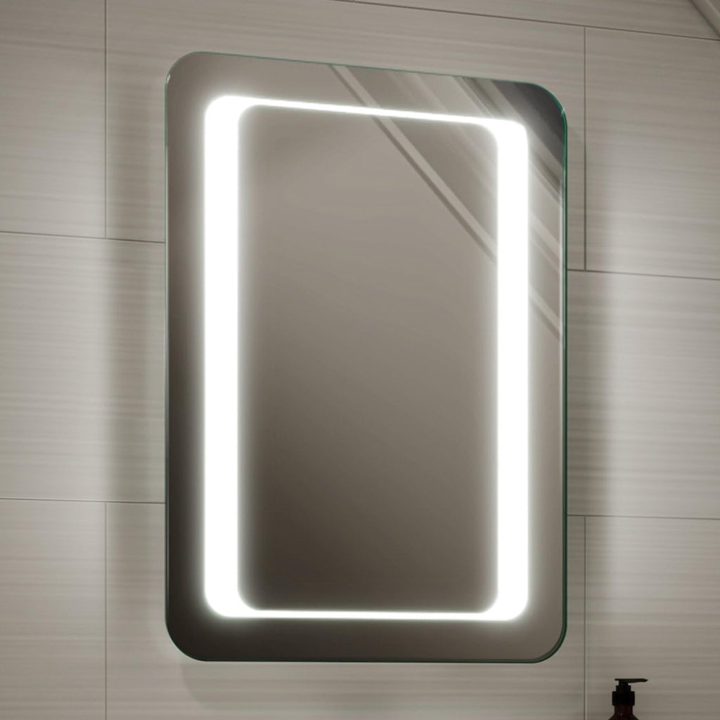 iBathUK Halo Illuminated LED Bathroom Mirror, Battery Powered Modern Wall Mirror, Soft Rectangle Shape with Round Edge, 500x700mm