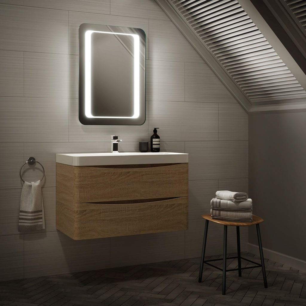 iBathUK Halo Illuminated LED Bathroom Mirror, Battery Powered Modern Wall Mirror, Soft Rectangle Shape with Round Edge, 500x700mm