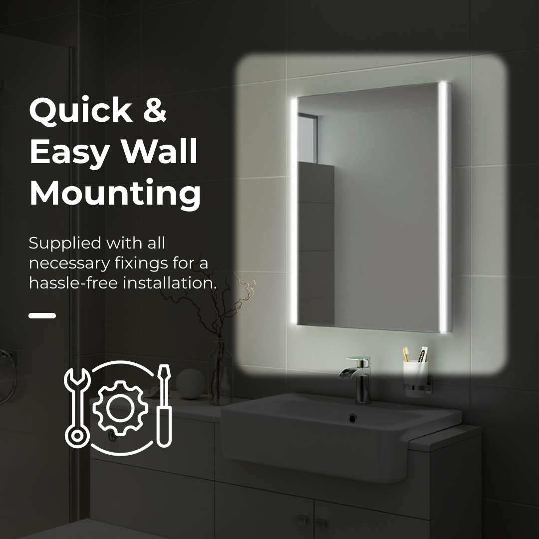 iBathUK Aurora Rectangular Illuminated LED Bathroom Mirror, Battery Operated Framless Wall Mirror with Straight Edge, 500x700mm