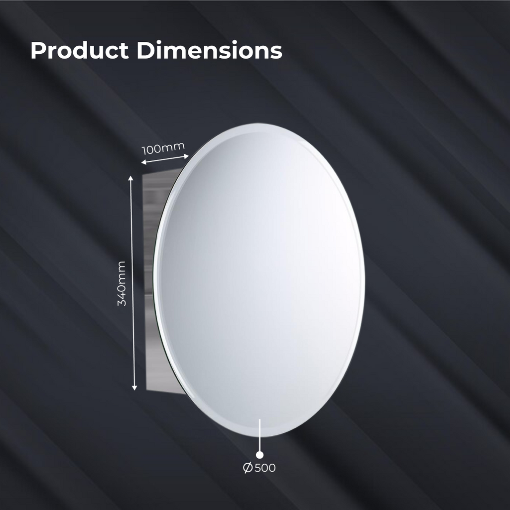 iBathUK Stockholm Round Stainless Steel Mirror Cabinet, Single Door Storage Unit, Round Mirror with Round Edge, 500x500mm