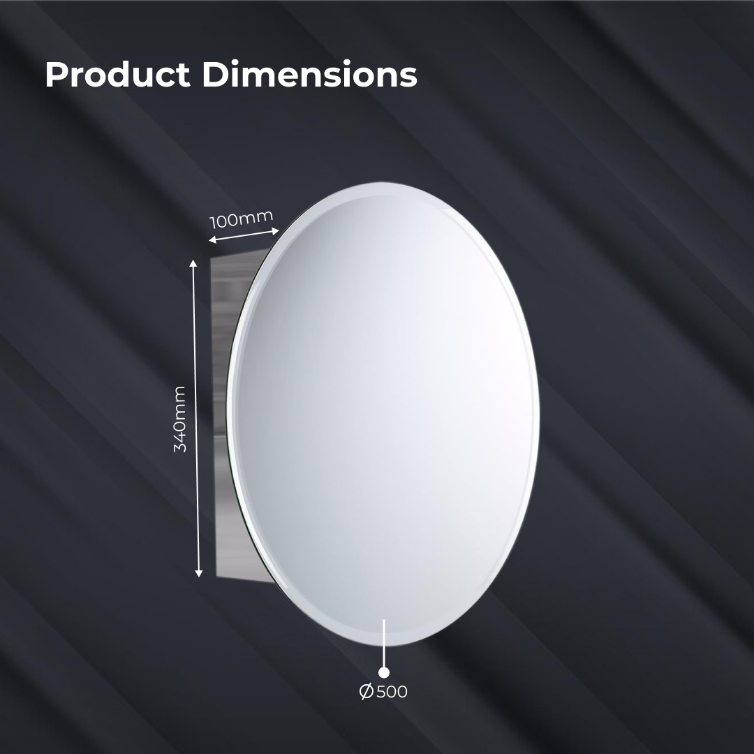iBathUK Stockholm Round Stainless Steel Mirror Cabinet, Single Door Storage Unit, Round Mirror with Round Edge, 500x500mm