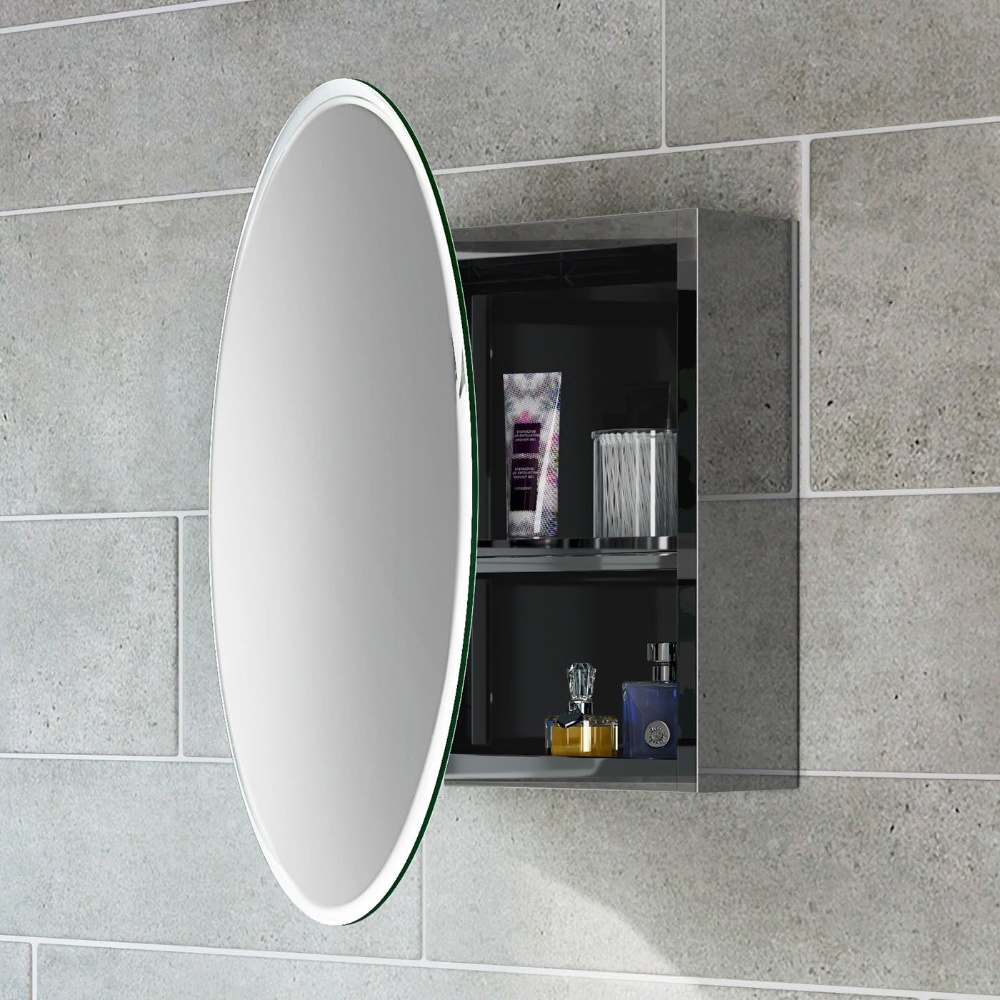 iBathUK Stockholm Round Stainless Steel Mirror Cabinet, Single Door Storage Unit, Round Mirror with Round Edge, 500x500mm