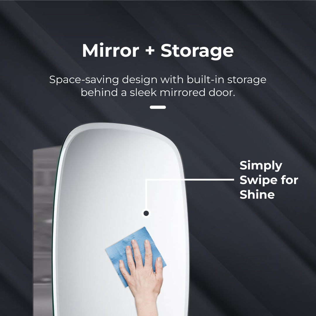 iBathUK Copenhagen Stainless Steel Mirror Cabinet, Single Door Storage Unit, Modern Oval Mirror with Round Edge, 450x600mm