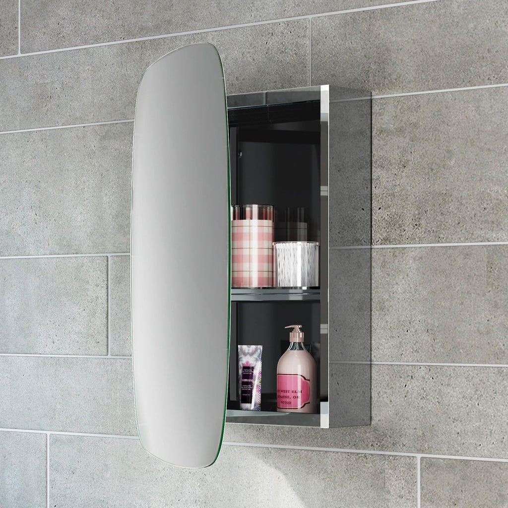 iBathUK Copenhagen Stainless Steel Mirror Cabinet, Single Door Storage Unit, Modern Oval Mirror with Round Edge, 450x600mm