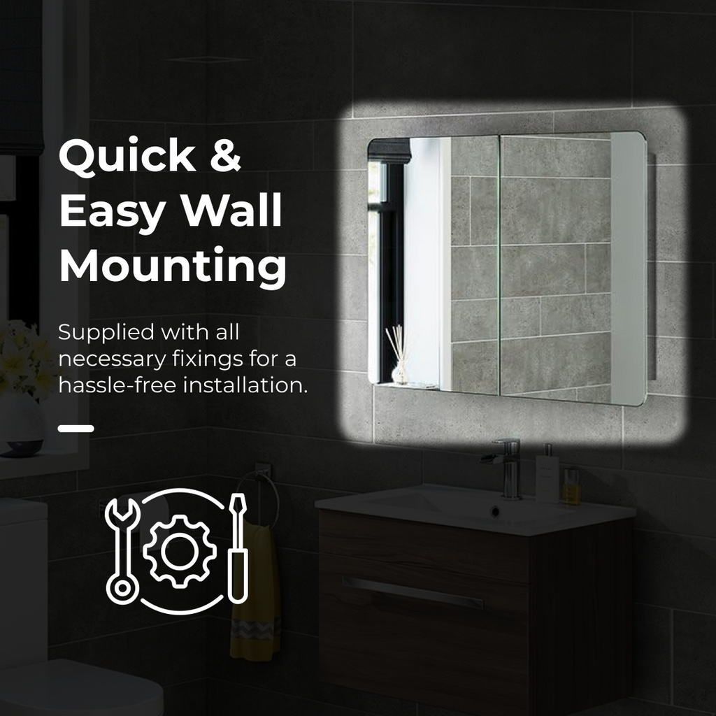 iBathUK Malmo Stainless Steel Bathroom Mirror Cabinet with Double Door, Soft Rectangular Shape with Round Edge, 800x600mm