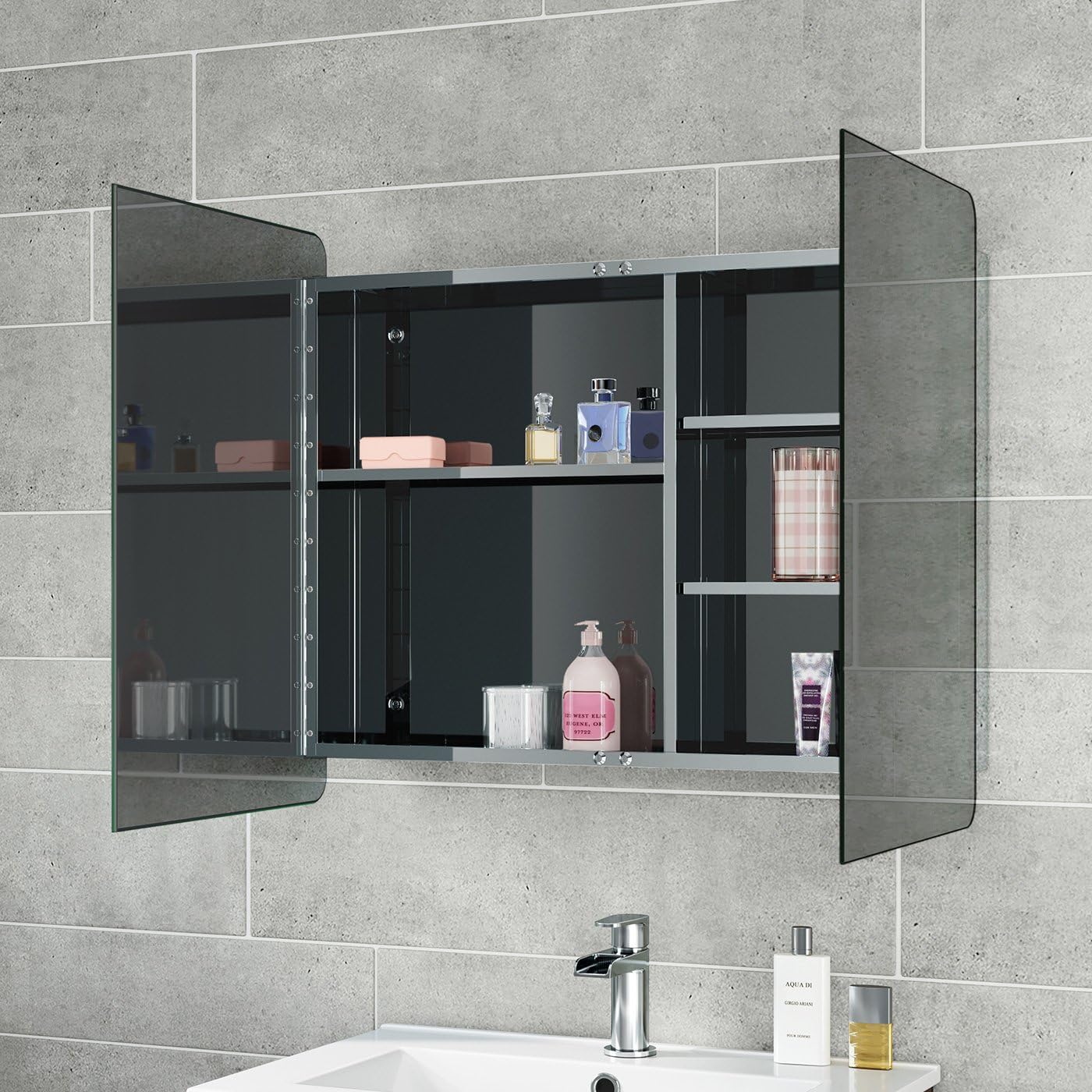 iBathUK Malmo Stainless Steel Bathroom Mirror Cabinet with Double Door, Soft Rectangular Shape with Round Edge, 800x600mm