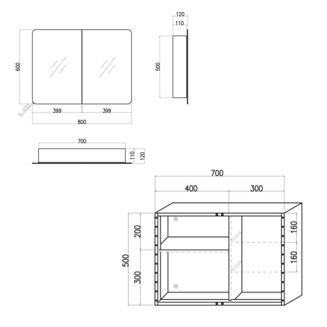 iBathUK Malmo Stainless Steel Bathroom Mirror Cabinet with Double Door, Soft Rectangular Shape with Round Edge, 800x600mm