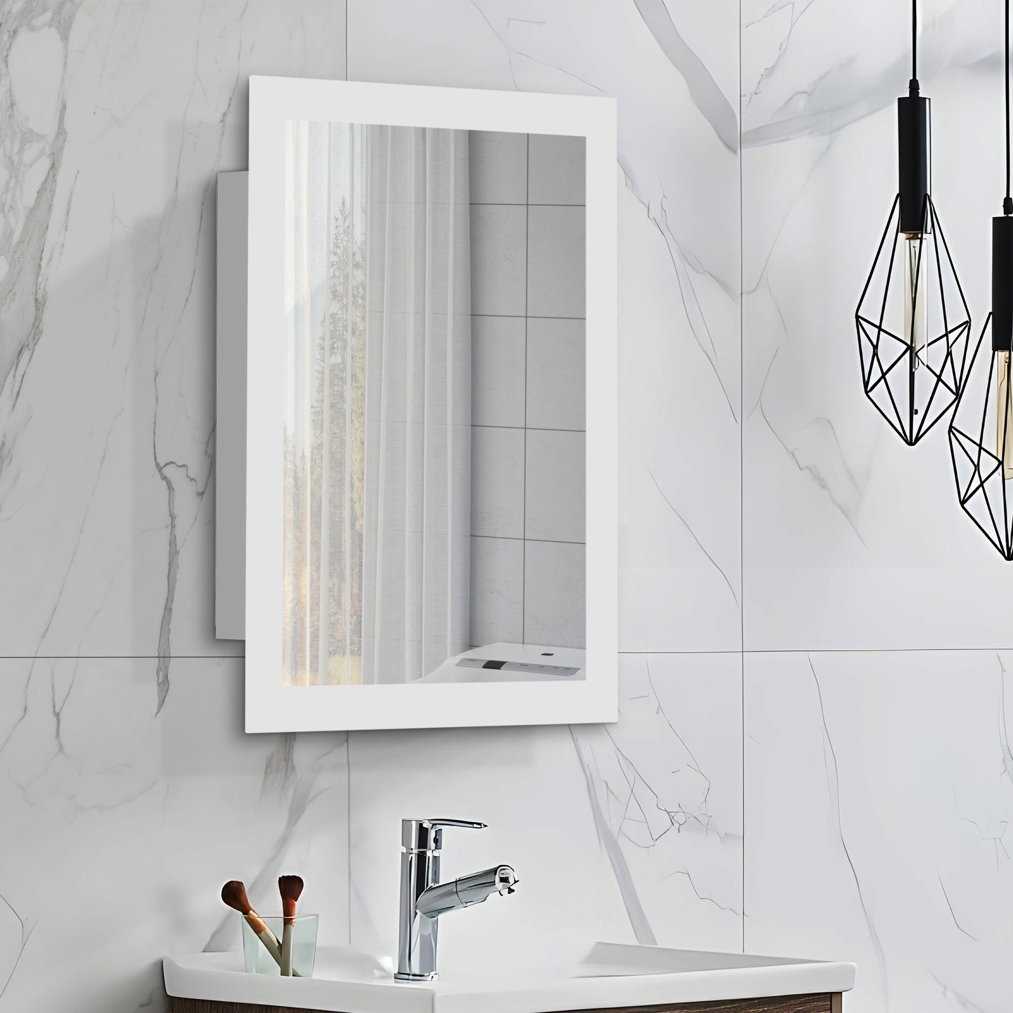 iBathUK Bristol Stainless Steel Bathroom Mirror Cabinet with Sliding Door, Rectangular Mirror with Straight Edge, 480x660mm