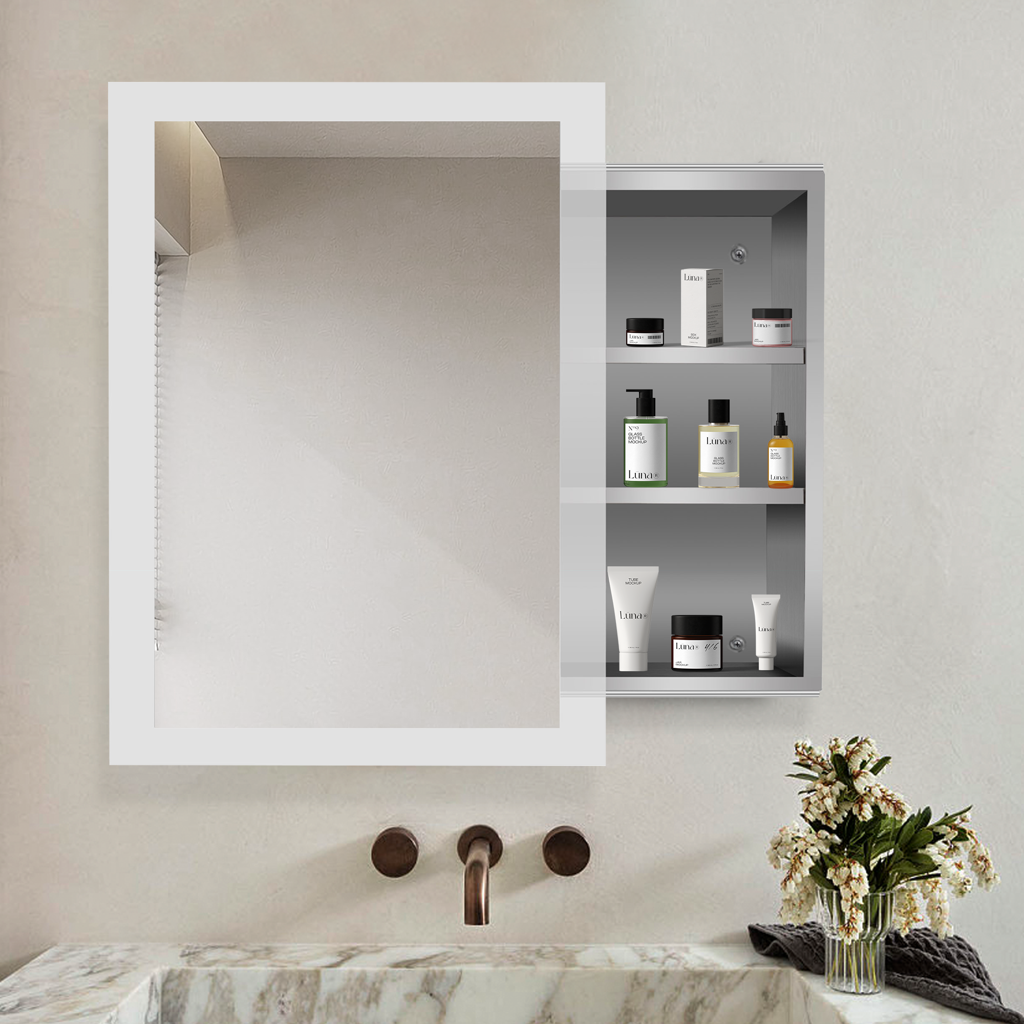 iBathUK Bristol Stainless Steel Bathroom Mirror Cabinet with Sliding Door, Rectangular Mirror with Straight Edge, 480x660mm