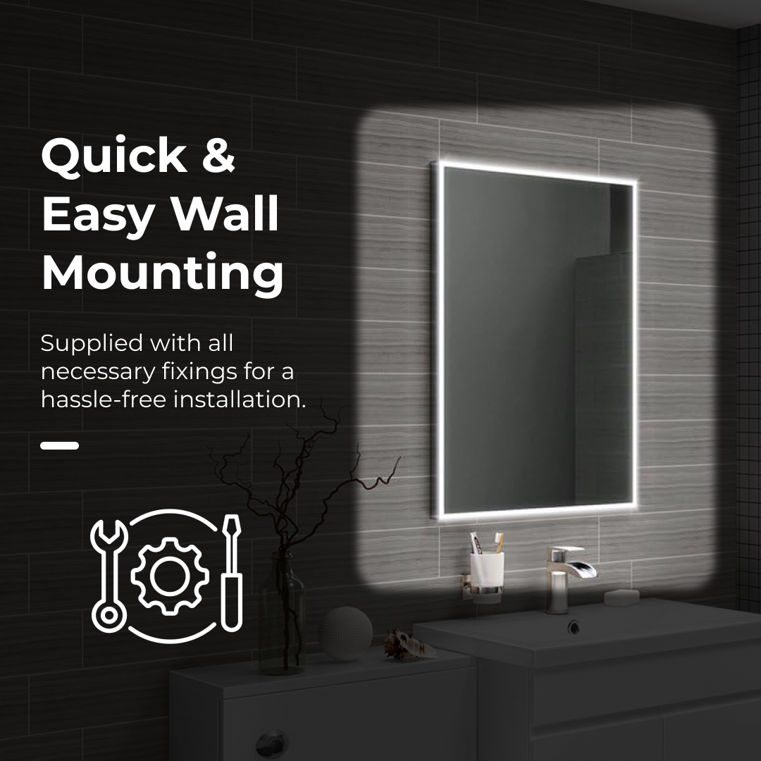 iBathUK Spectra Rectangular Illuminated LED Bathroom Mirror, Frameless Wall Mirror with Motion Sensor and Demister, 500x700mm