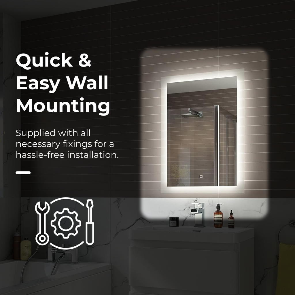 iBathUK Lustre Rectangular Illuminated LED Bathroom Mirror, Frameless Wall Mirror with Touch Sensor and Demister, 500x700mm