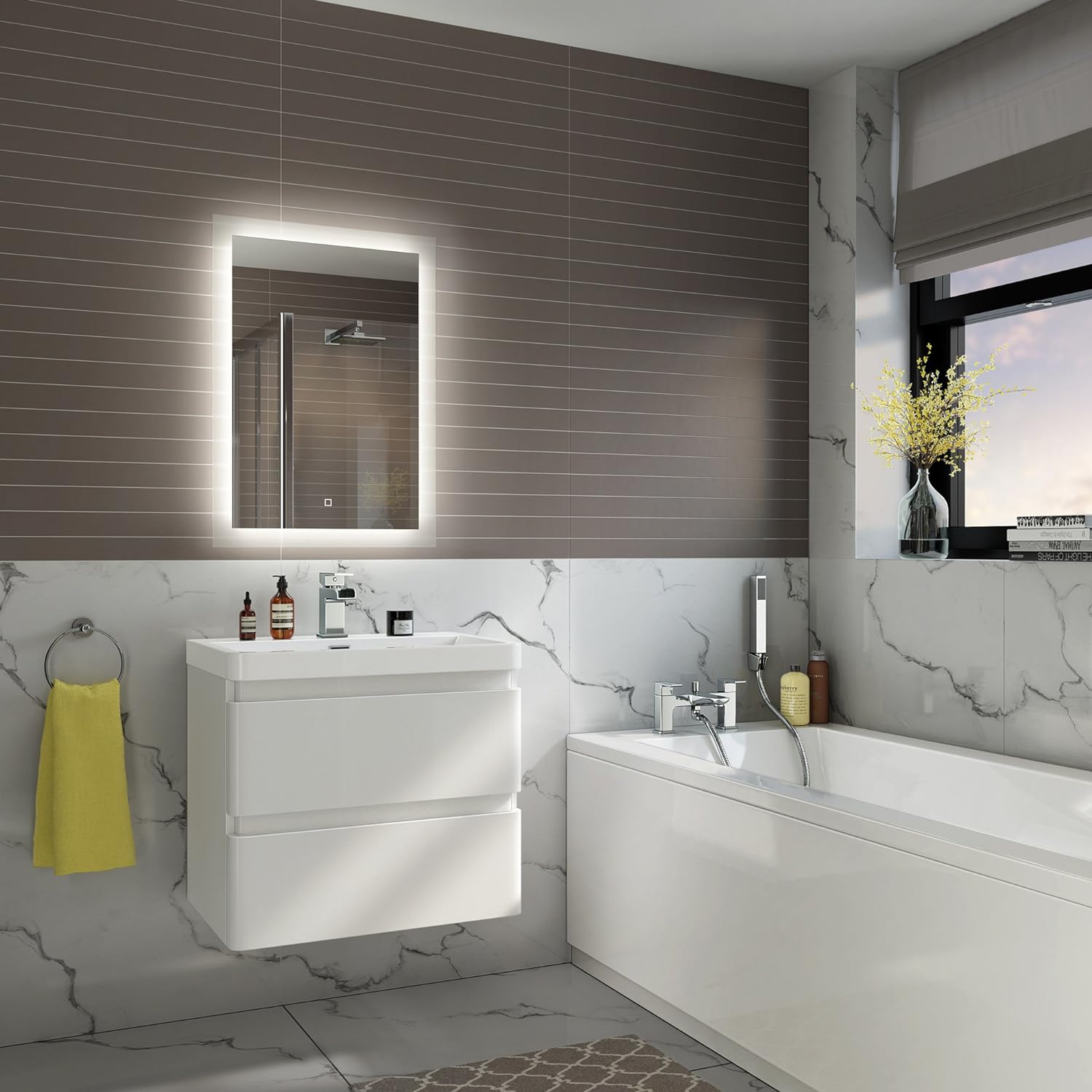 iBathUK Lustre Rectangular Illuminated LED Bathroom Mirror, Frameless Wall Mirror with Touch Sensor and Demister, 500x700mm