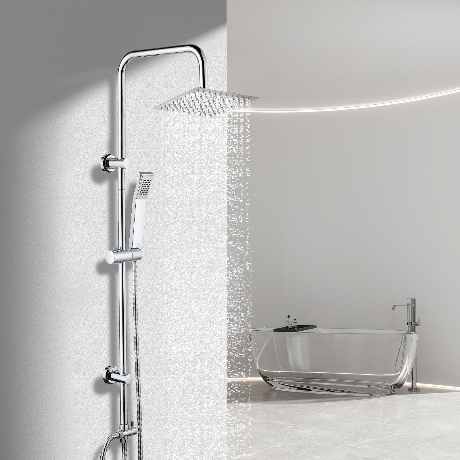 iBathUK Elevex 2 Way Shower Riser Rail Kit with SS Fixed Head & Diverter, Square Design with Universal Fittings, Shower Riser Rail in Chrome, H110 x W20 x D44cm
