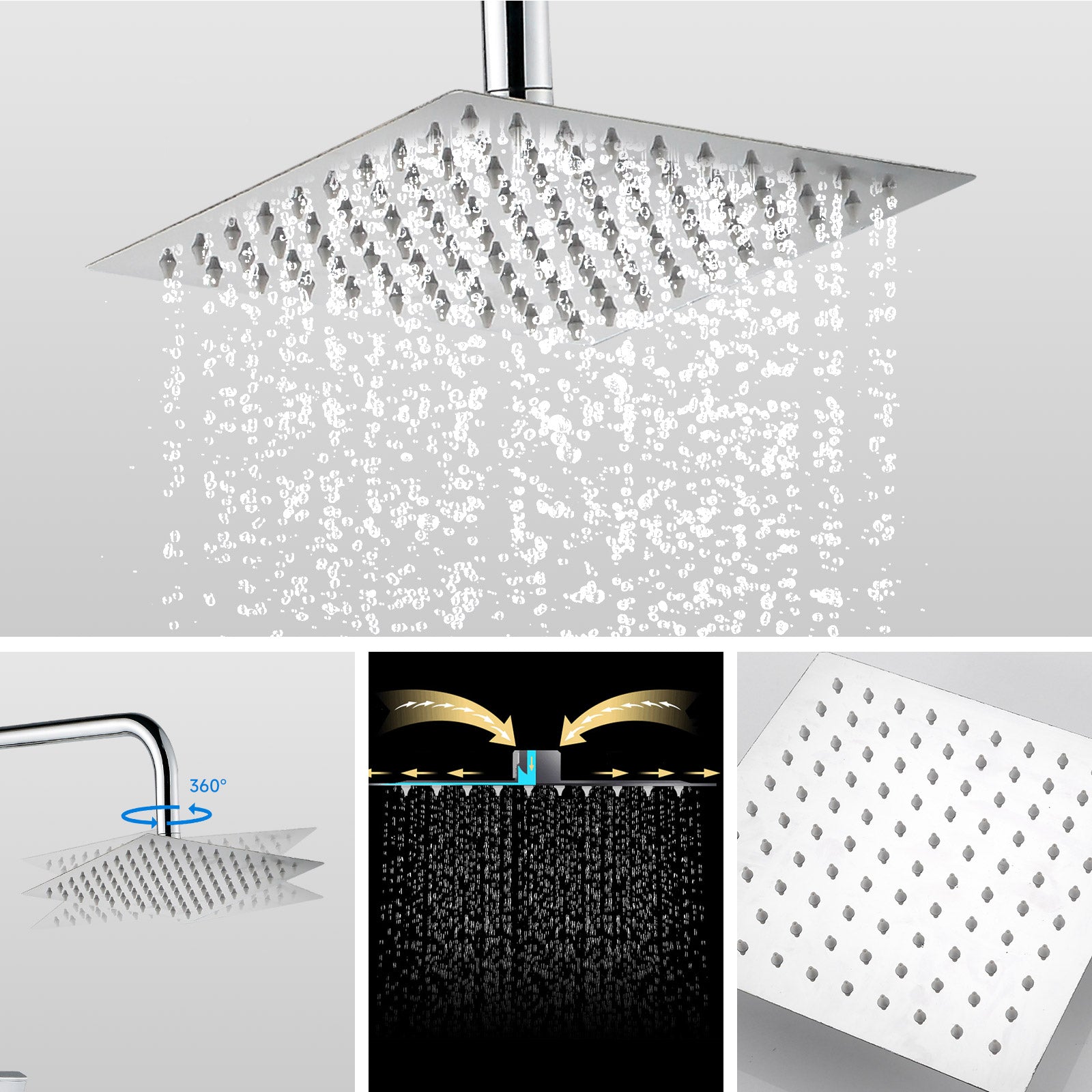 iBathUK Elevex 2 Way Shower Riser Rail Kit with SS Fixed Head & Diverter, Square Design with Universal Fittings, Shower Riser Rail in Chrome, H110 x W20 x D44cm