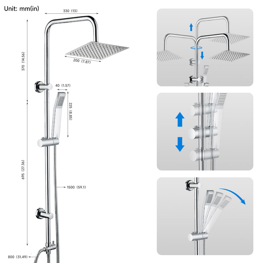 iBathUK Elevex 2 Way Shower Riser Rail Kit with SS Fixed Head & Diverter, Square Design with Universal Fittings, Shower Riser Rail in Chrome, H110 x W20 x D44cm