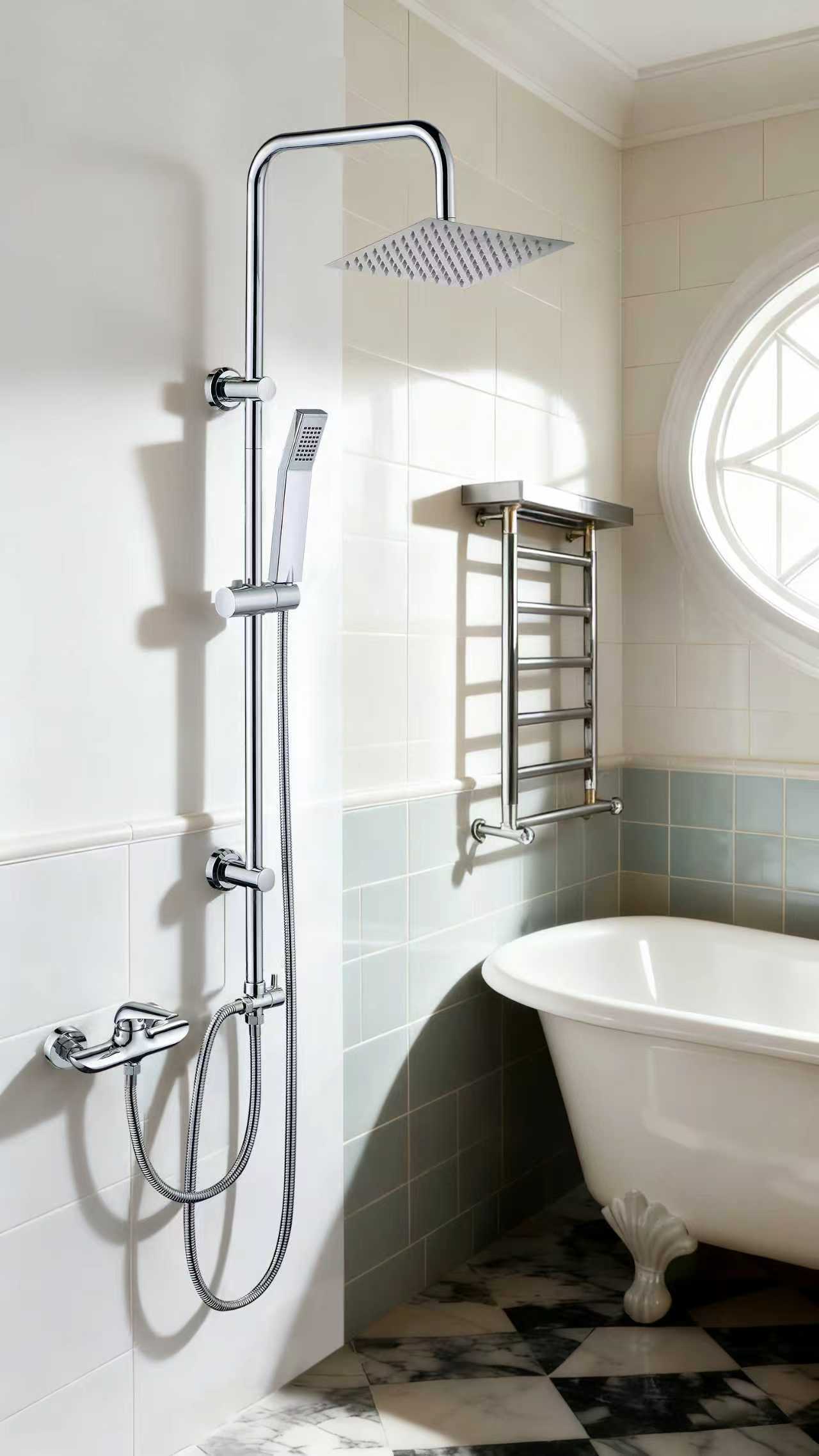 iBathUK Elevex 2 Way Shower Riser Rail Kit with SS Fixed Head & Diverter, Square Design with Universal Fittings, Shower Riser Rail in Chrome, H110 x W20 x D44cm