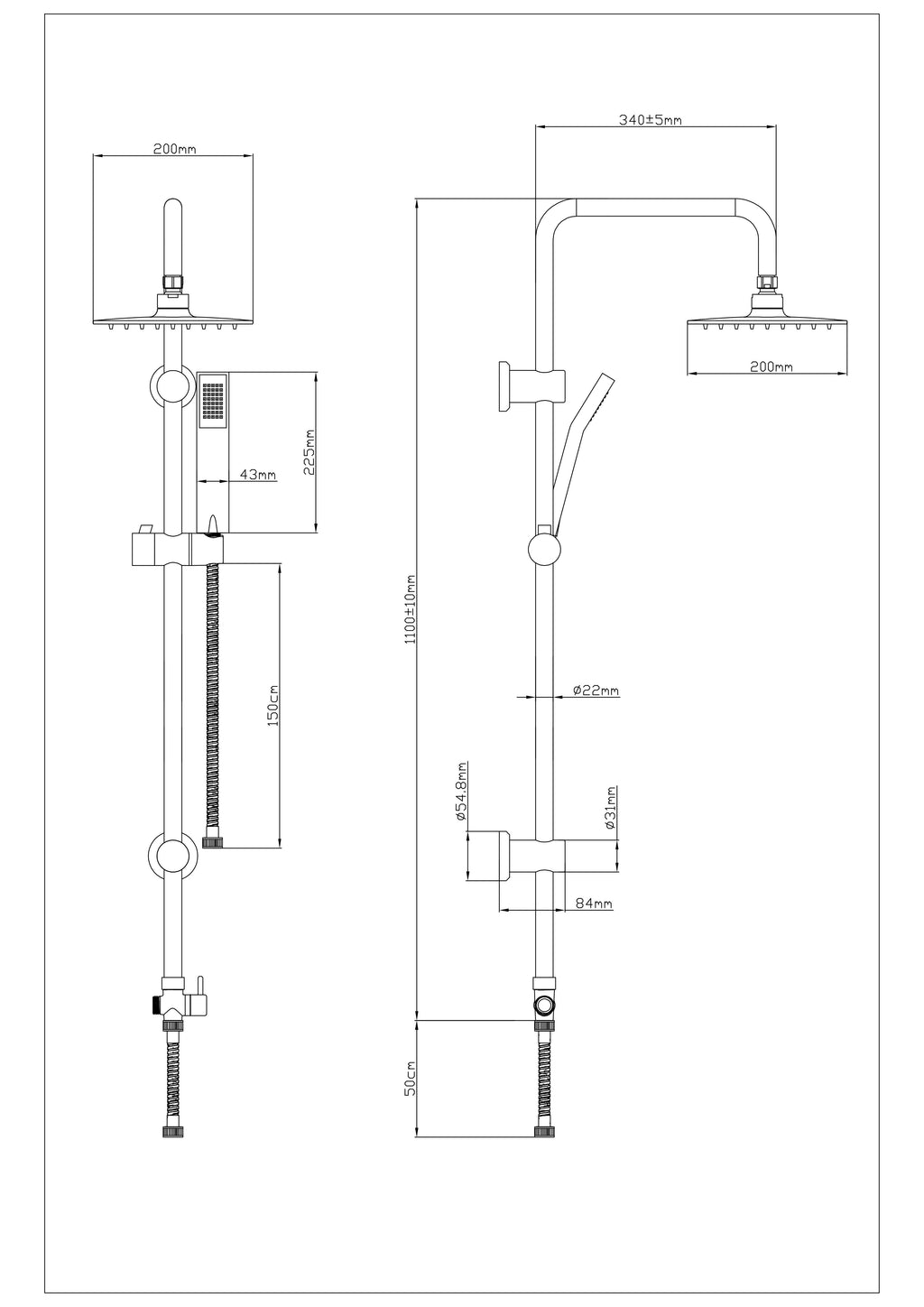 iBathUK Elevex 2 Way Shower Riser Rail Kit with SS Fixed Head & Diverter, Square Design with Universal Fittings, Shower Riser Rail in Chrome, H110 x W20 x D44cm