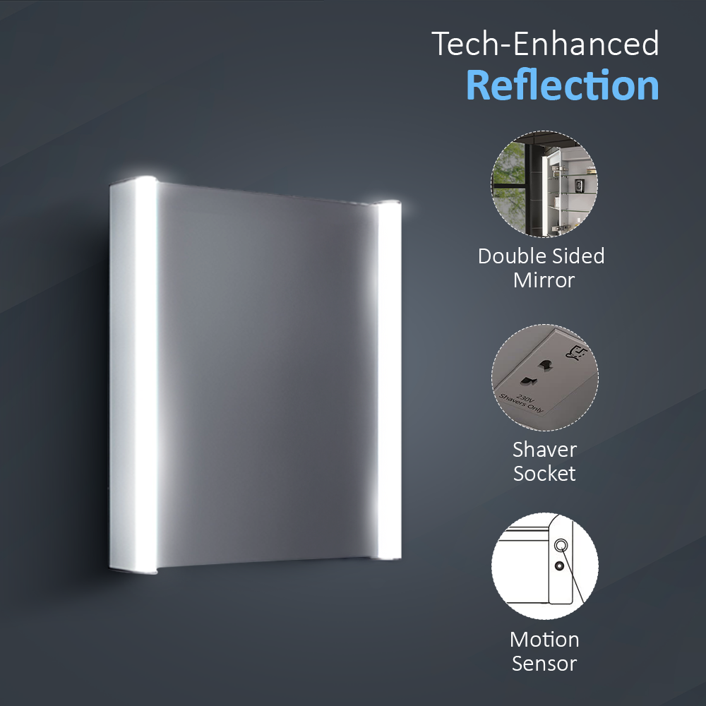 iBathUK Revere LED Single Door Bathroom Mirror Cabinet, Illuminated Mirror with Infrared Sensor Switch, Silver, 500 x 650mm
