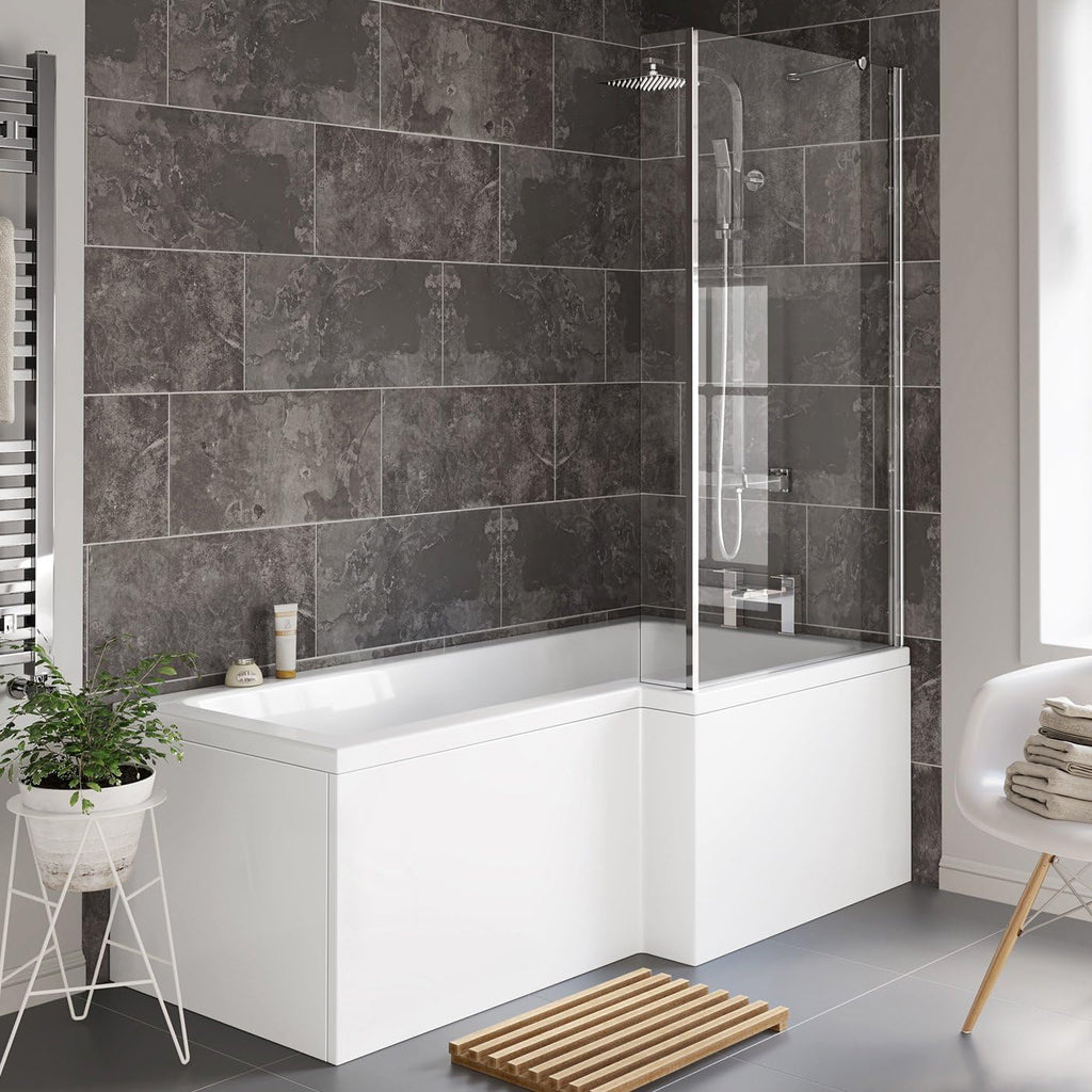 iBathUK Axis Right Hand L-Shaped Shower Bath, Includes Glass Screen & Front Panel, Modern Space-Saving Bath Design, Durable L Shaped Bath Screen, 1700mm