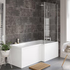 iBathUK Axis Right Hand L-Shaped Shower Bath, Includes Glass Screen & Front Panel, Modern Space-Saving Bath Design, Durable L Shaped Bath Screen, 1700mm
