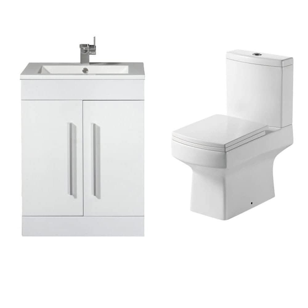 The iBathUK Avon Modern Bathroom Suite in gloss white includes a vanity with sink and faucet, two cabinet doors with long handles, and a matching toilet for a seamless, contemporary look.