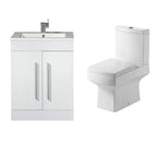 The iBathUK Avon Modern Bathroom Suite in gloss white includes a vanity with sink and faucet, two cabinet doors with long handles, and a matching toilet for a seamless, contemporary look.