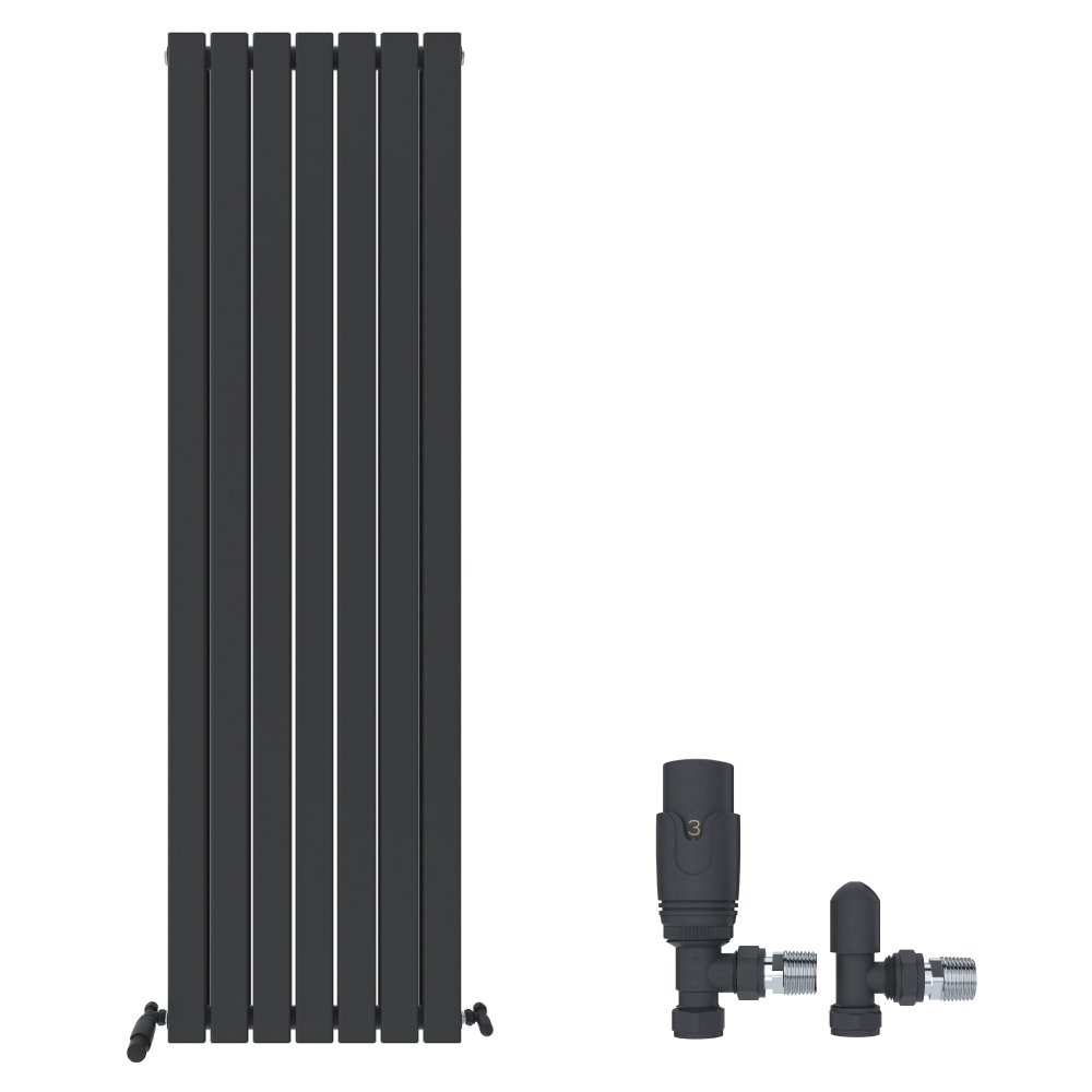 The iBathUK Apex Vertical Double Panel Slim Flat Designer Radiator features six flat black panels and two matching radiator valves with silver connectors, set against a white background for a contemporary look.