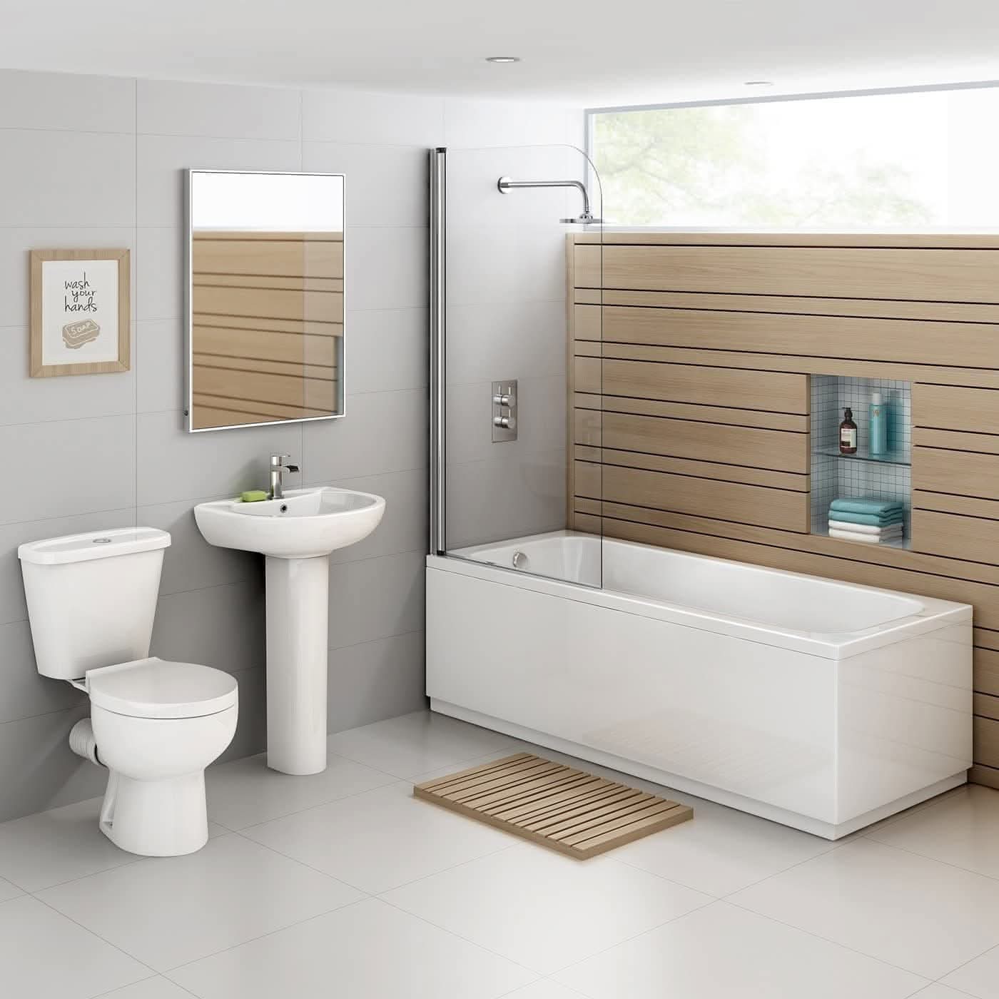 Modern Curved Edge Straight Bath Screen - 6mm Glass - 1400mm x 800mm - Chrome