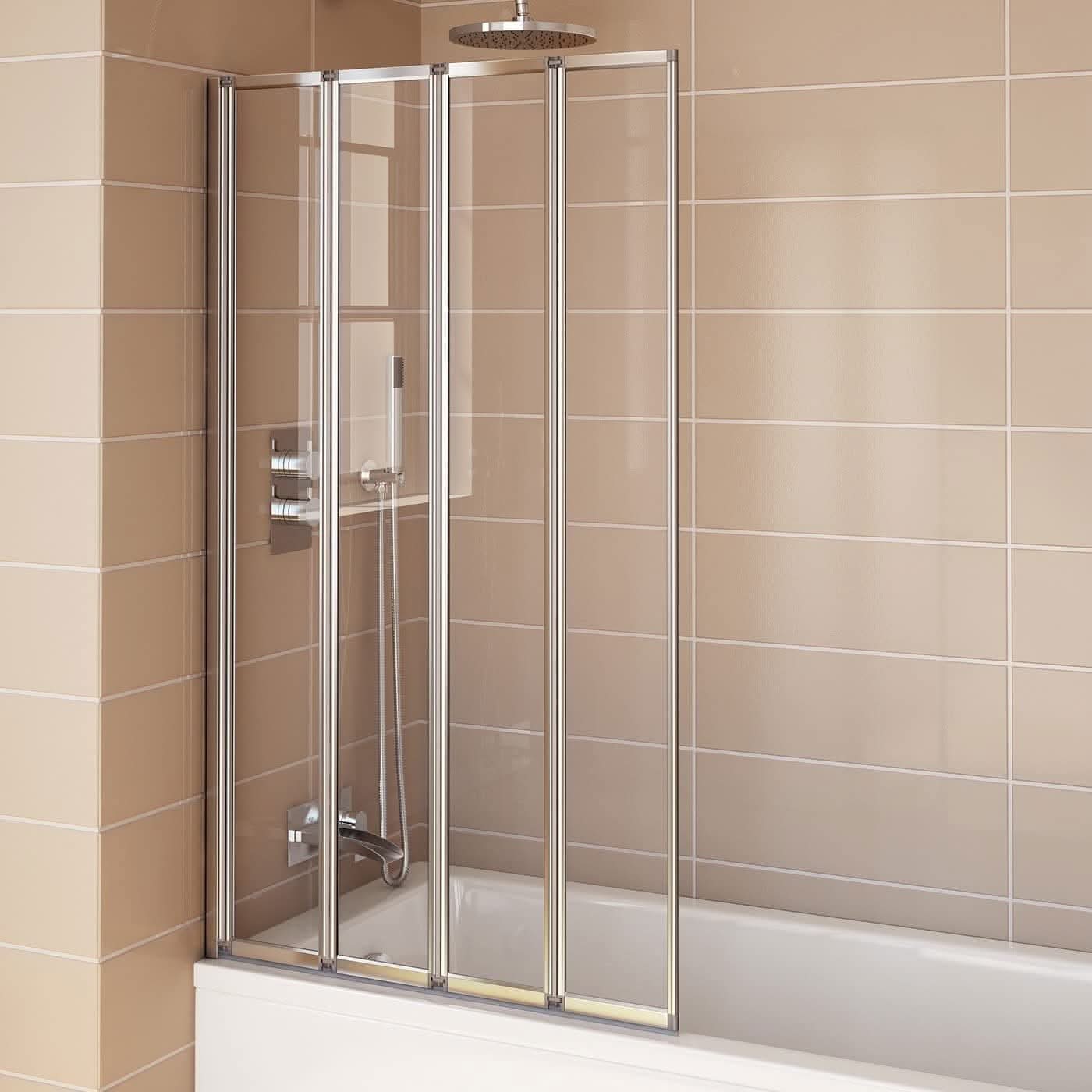 Modern Four Folding Bath Screen With Panel - 4mm Glass - 1400mm x 800mm - Chrome