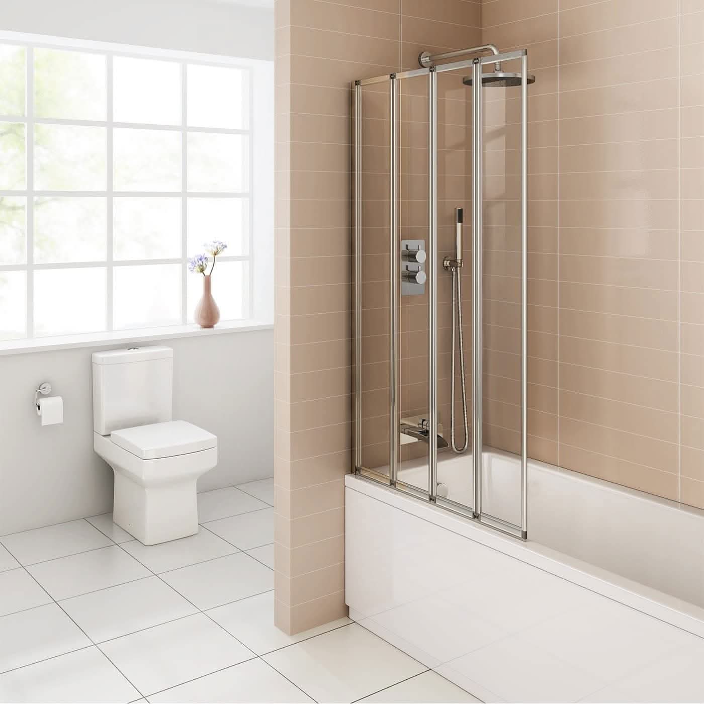 Modern Four Folding Bath Screen With Panel - 4mm Glass - 1400mm x 800mm - Chrome