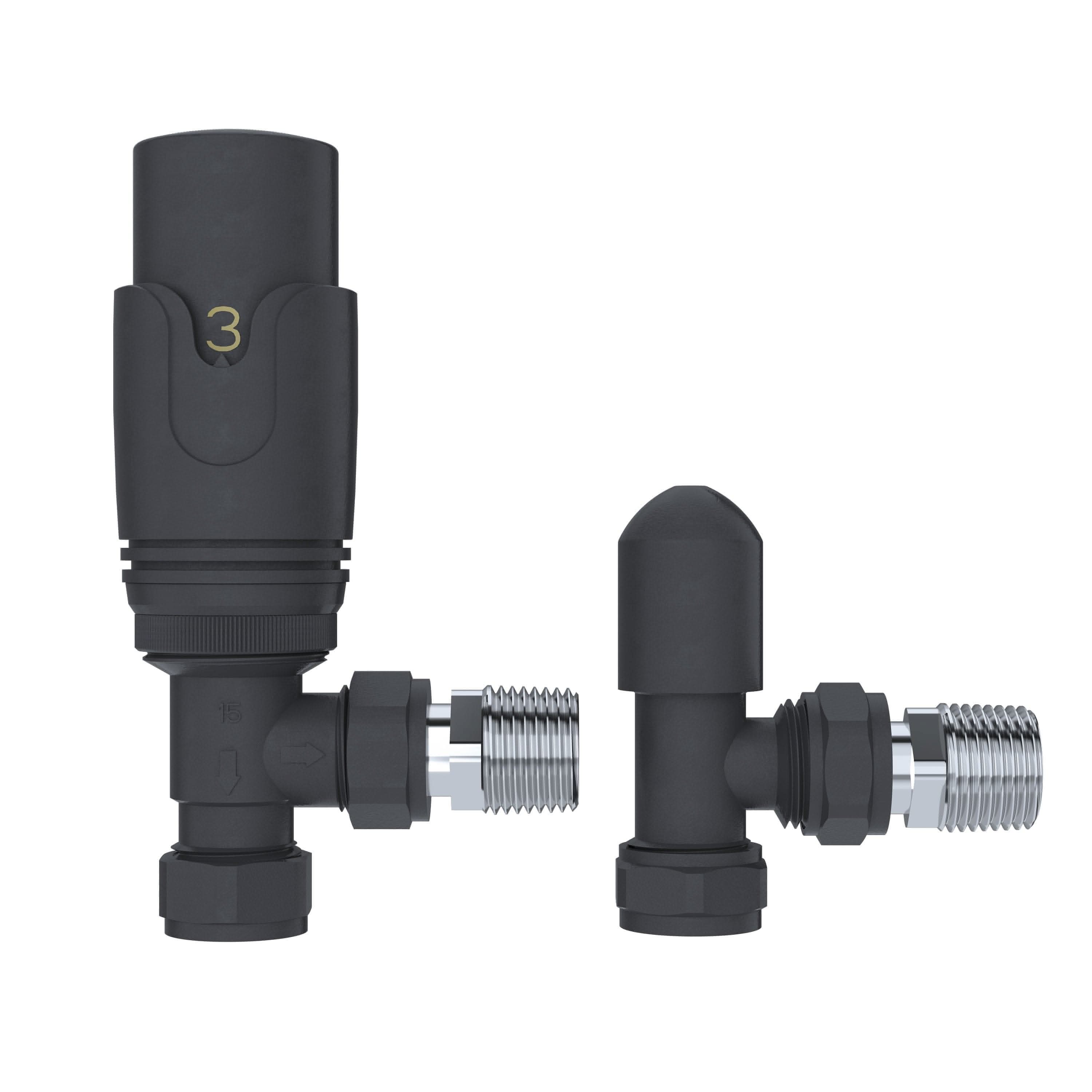 The iBathUK Pro 1/2 Thermostatic Radiator Valve TRV and Lockshield, both in black metal with silver threaded connectors—one vertical, one horizontal—are displayed side by side on a white background.