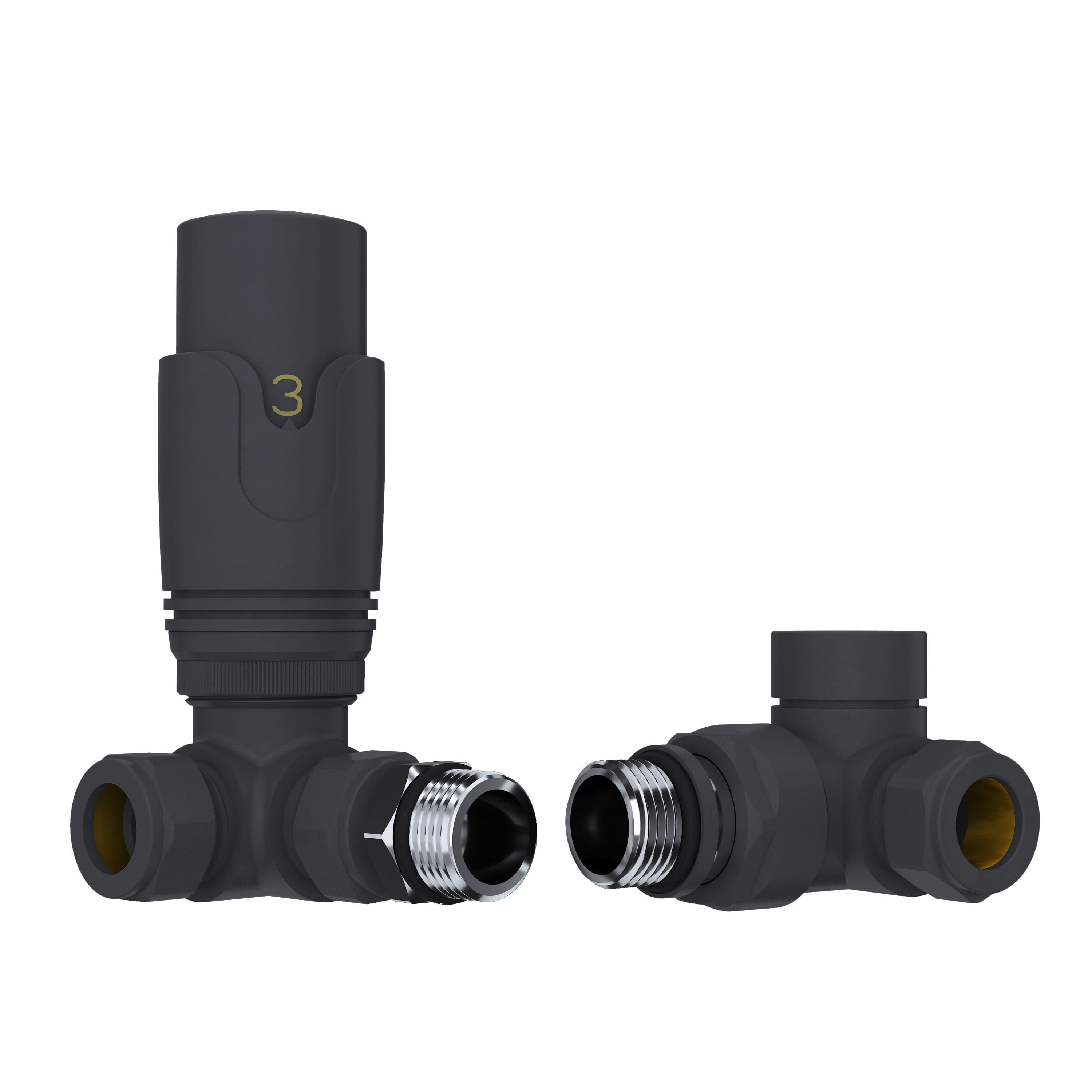 The iBathUK Pro 1/2 Thermostatic Radiator Valve TRV and Lockshield set features two black, T-shaped valves—one with a numbered dial, both with silver threaded connectors—for quick, easy pipe installation.