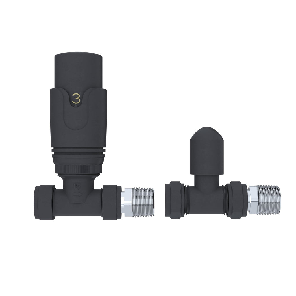 The iBathUK Pro 1/2 Thermostatic Radiator Valve TRV and Lockshield, in black with metallic threaded ends, are shown from the side and front, isolated on a white background.
