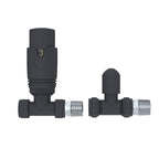 The iBathUK Pro 1/2 Thermostatic Radiator Valve TRV and Lockshield, in black with metallic threaded ends, are shown from the side and front, isolated on a white background.