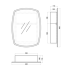 Technical drawing of the iBathUK Wall Mount Single Door Non Illuminated Mirror Cabinet, 600mm x 450mm x 110mm, with shelf and mirrored door. Includes side, front, and top views. Perfect for bathroom storage.