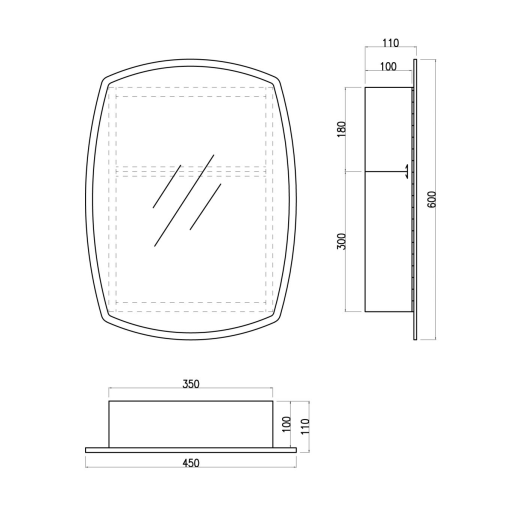 Technical drawing of the iBathUK Wall Mount Single Door Non Illuminated Mirror Cabinet, 600mm x 450mm x 110mm, with shelf and mirrored door. Includes side, front, and top views. Perfect for bathroom storage.
