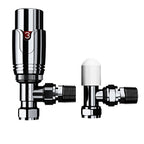 The iBathUK Pro 1/2 Thermostatic Radiator Valve TRV and Lockshield are shown side by side; the TRV has a shiny finish with a red 3 marking, while the lockshield features a white plastic cap on top.