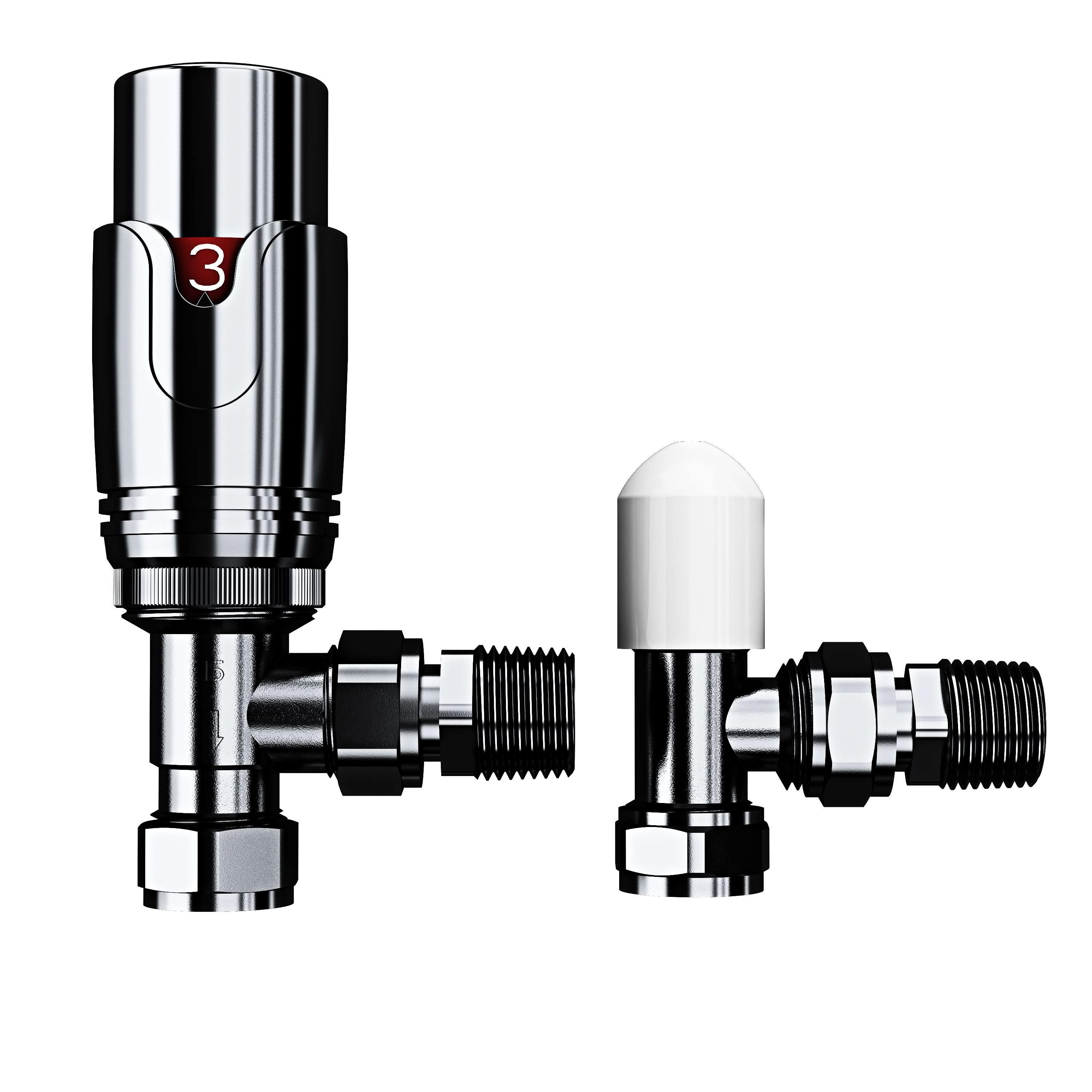 The iBathUK Pro 1/2 Thermostatic Radiator Valve TRV and Lockshield are shown side by side on a white background; the left is a shiny TRV marked with red 3, while the right features a white plastic lockshield cap.