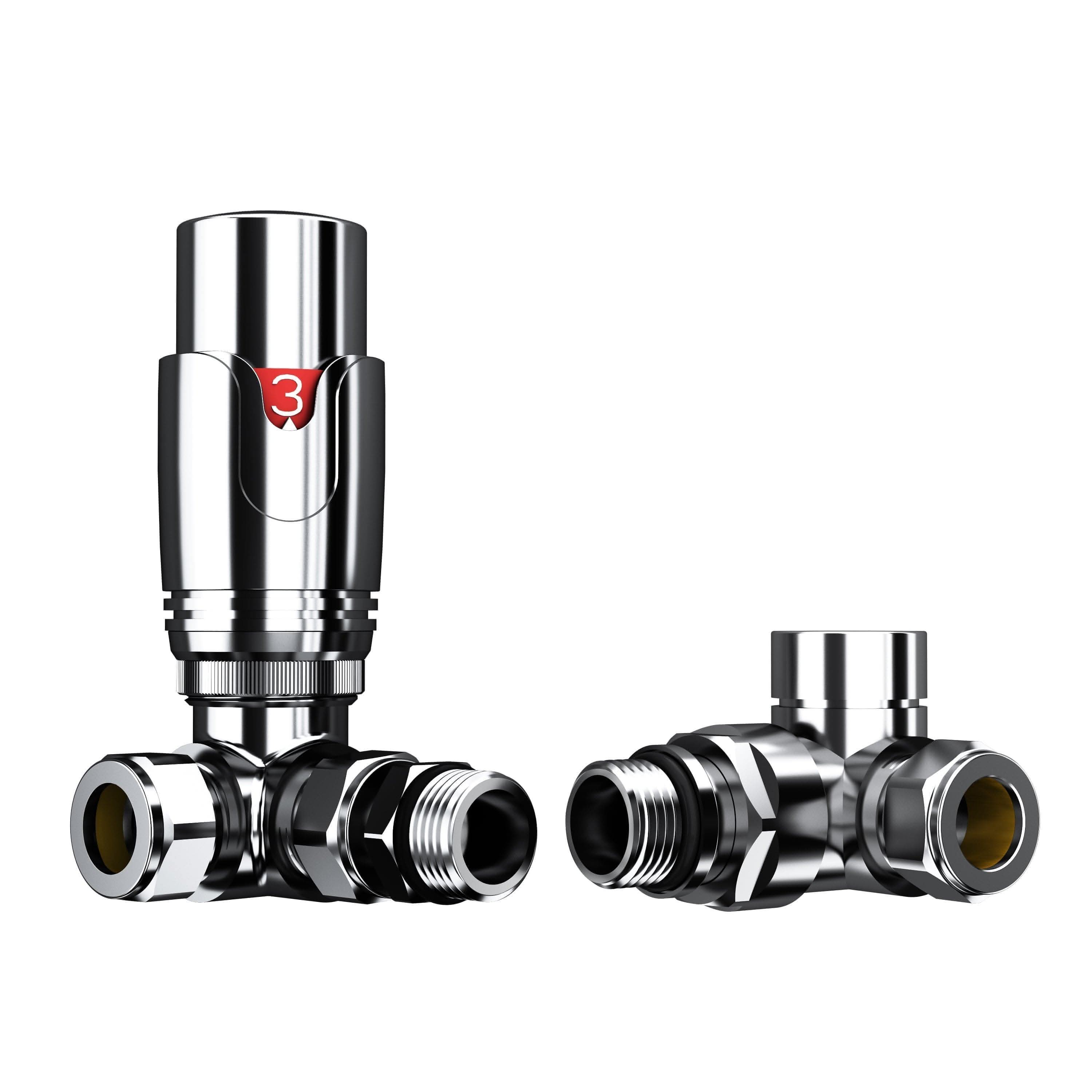 The iBathUK Pro 1/2 Thermostatic Radiator Valve TRV and Lockshield both have threaded ends for easy connection; the TRV features a numbered dial (‘3’) and vertical top, while the Lockshield has a flat top.