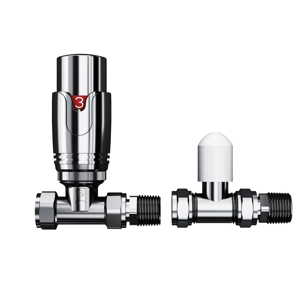The iBathUK Pro 1/2 Thermostatic Radiator Valve TRV with a numbered control knob and a matching lockshield valve with a white cap are shown against a white background.