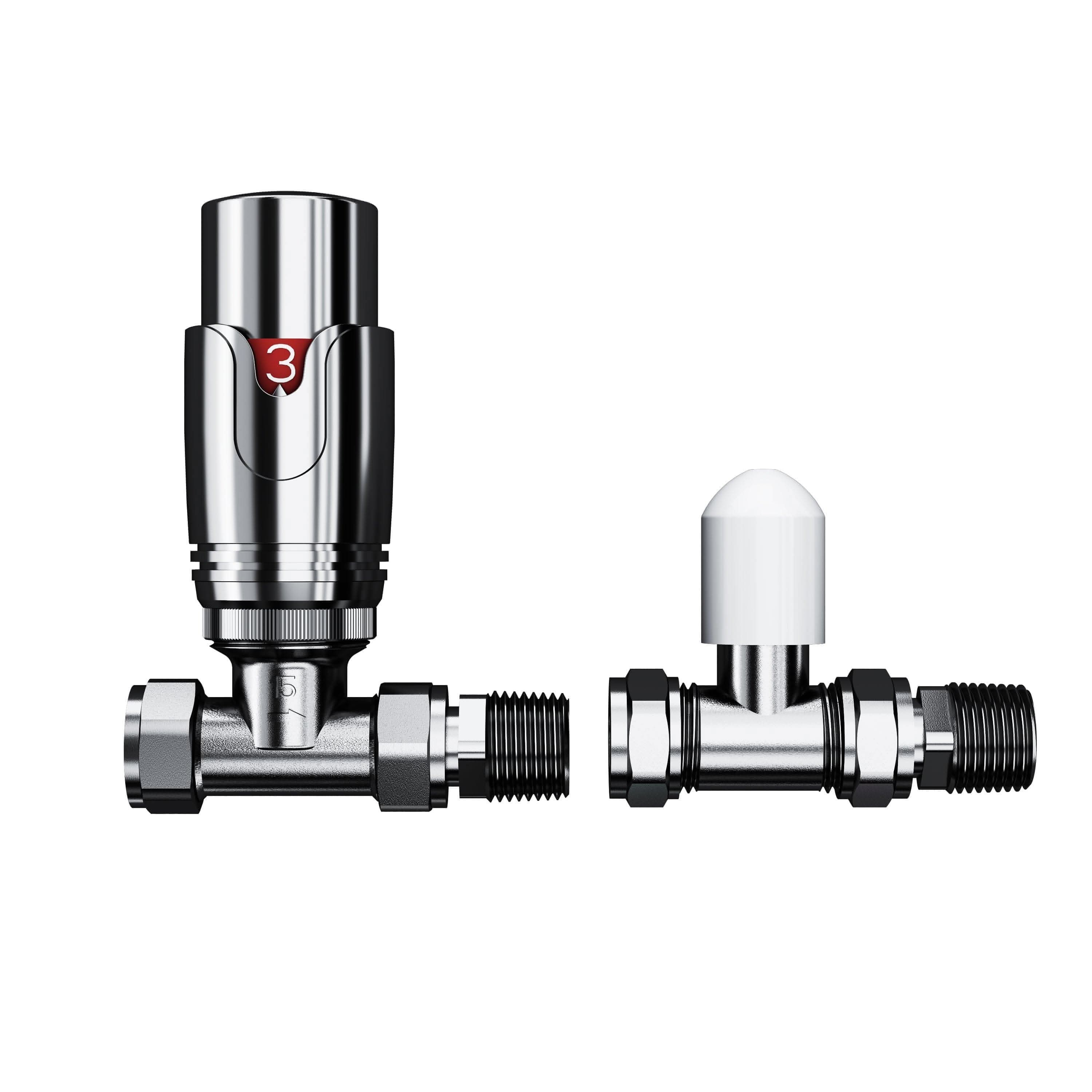 The iBathUK Pro 1/2 Thermostatic Radiator Valve TRV with a numbered control knob and a matching lockshield valve with a white cap are shown against a white background.