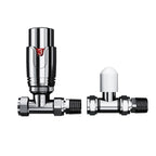 The iBathUK Pro 1/2 Thermostatic Radiator Valve TRV, with a numbered control knob, and matching lockshield are shown side by side on a white background.