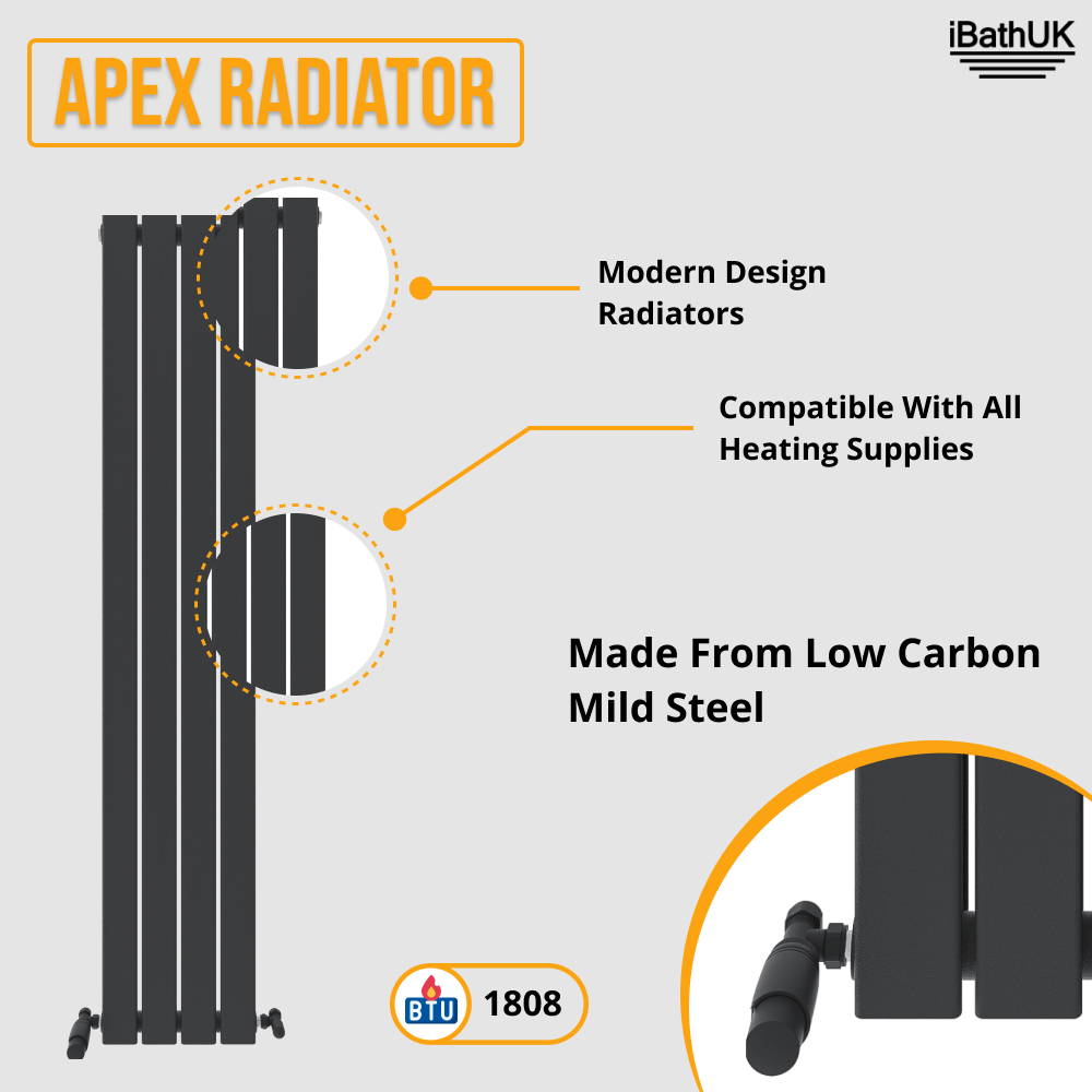 iBathUK Apex Vertical Single Panel Slim Flat Radiator, Designer Slim Radiator