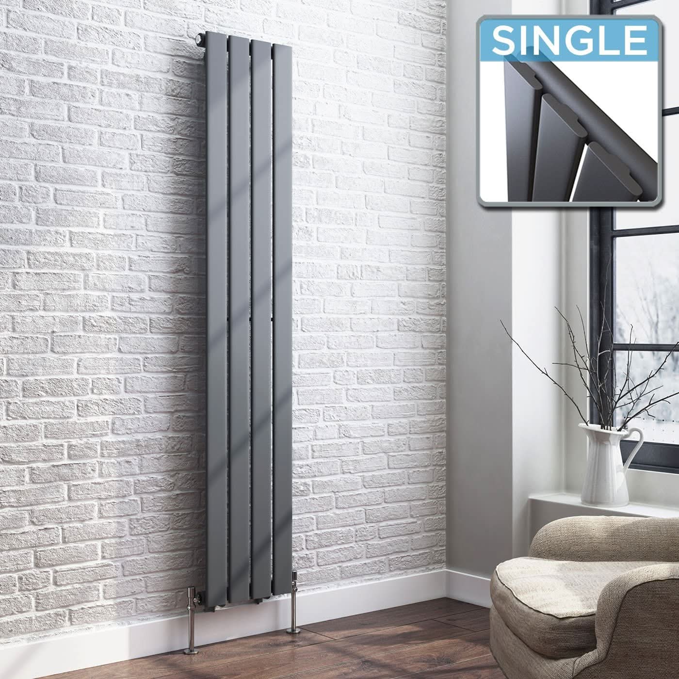 iBathUK Apex Vertical Single Panel Slim Flat Radiator, Designer Slim Radiator