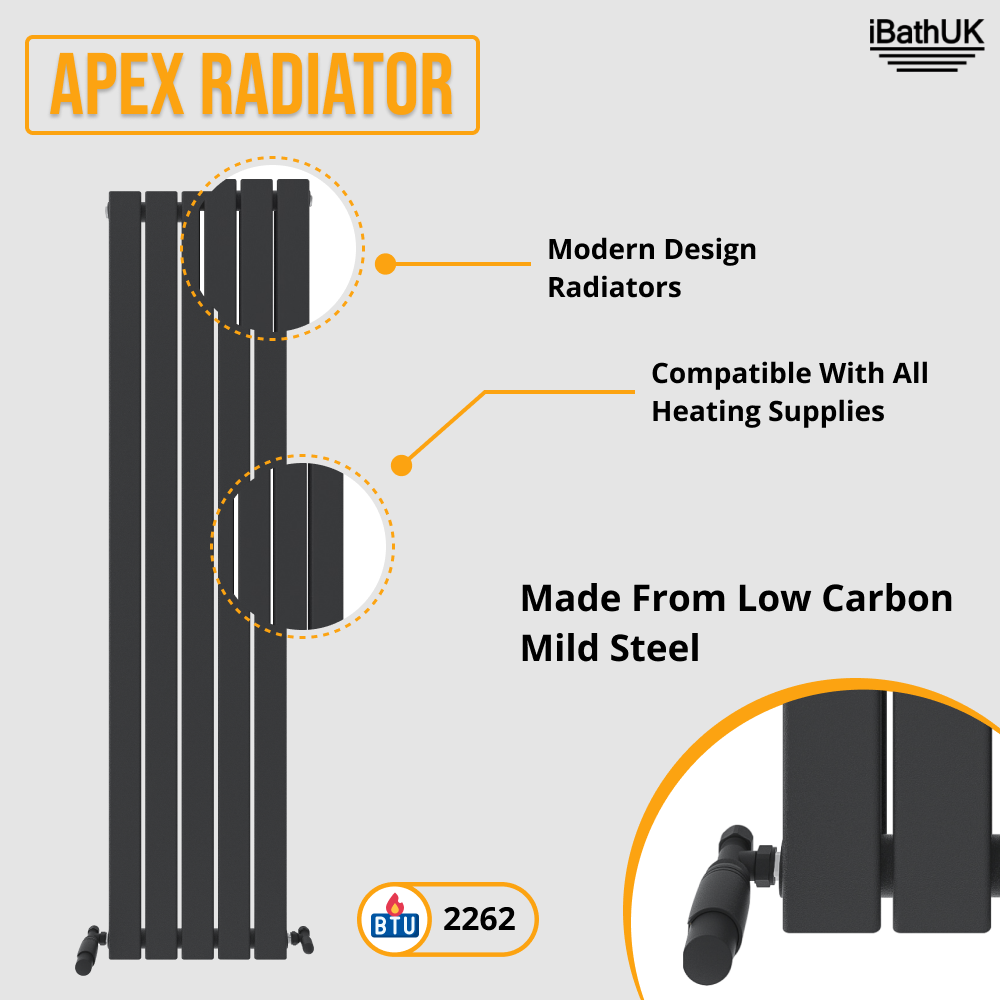 iBathUK Apex Vertical Single Panel Slim Flat Radiator, Designer Slim Radiator